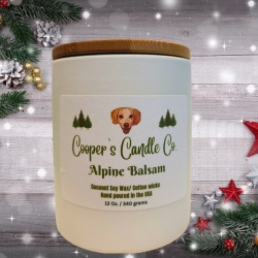 Alpine Balsam Fragranced Scented Candle in a 12 Oz White Ceramic container 2 wicks pet friendly no toxins 10 percent of sales support shelter animals
