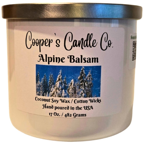 Alpine Balsam scented 17 oz. 3 wick white candle