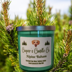 Alpine Balsam Fragranced Scented Candle in a 10 Oz green glass container 2 wicks pet friendly no toxins 10 percent of sales support shelter animals