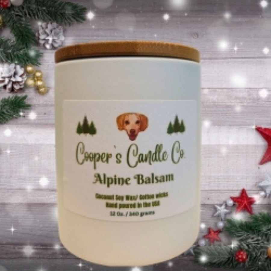Alpine Balsam Fragranced Scented Candle  in a  12 Oz White Ceramic container 2 wicks  pet friendly no toxins 10 percent of sales support shelter animals